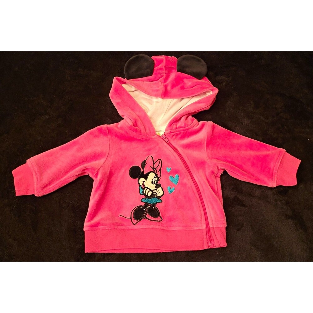 Disney Baby Minnie Mouse Girls 0-3 Months Pink Velour Hooded Full Zip Jacket